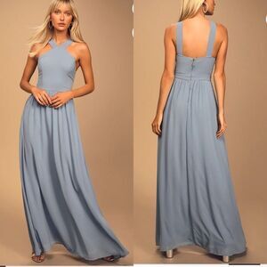 Lulus Air of Romance Halter Maxi Dress Large Light Blue Bridesmaid Romantic